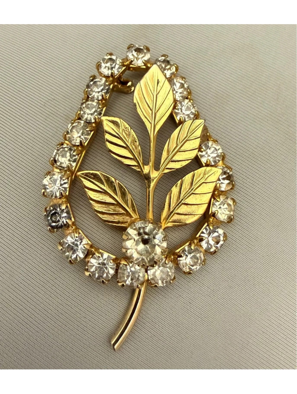 Vintage White Rhinestone Gold-tone Frame Leaf Brooch With Stem, 1960's